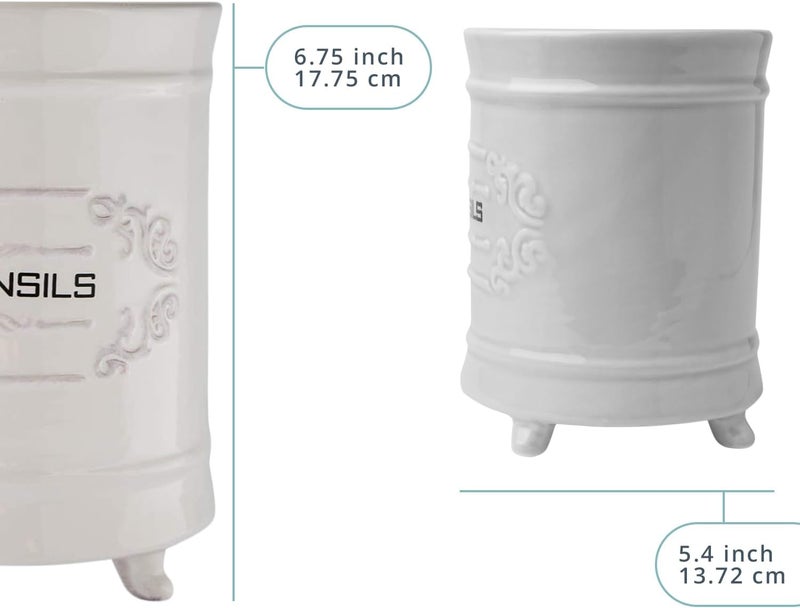 Comfify White Ceramic Utensil Holder – Vintage Style Kitchen Caddy – Shabby Chic Countertop Organizer – Rustic French Country Crock for Cooking Enthusiasts - Image 3